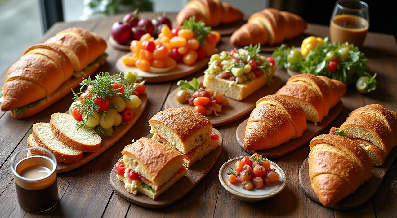 Artisan catering spread with sourdough sandwiches and croissants
