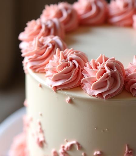 Vintage style cake with intricate pink frosting flowers